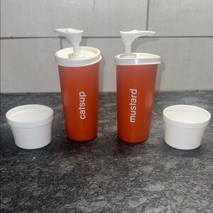 Tupperware Ketchup & Mustard Condiment Pump Bottles with White Lids and Cups